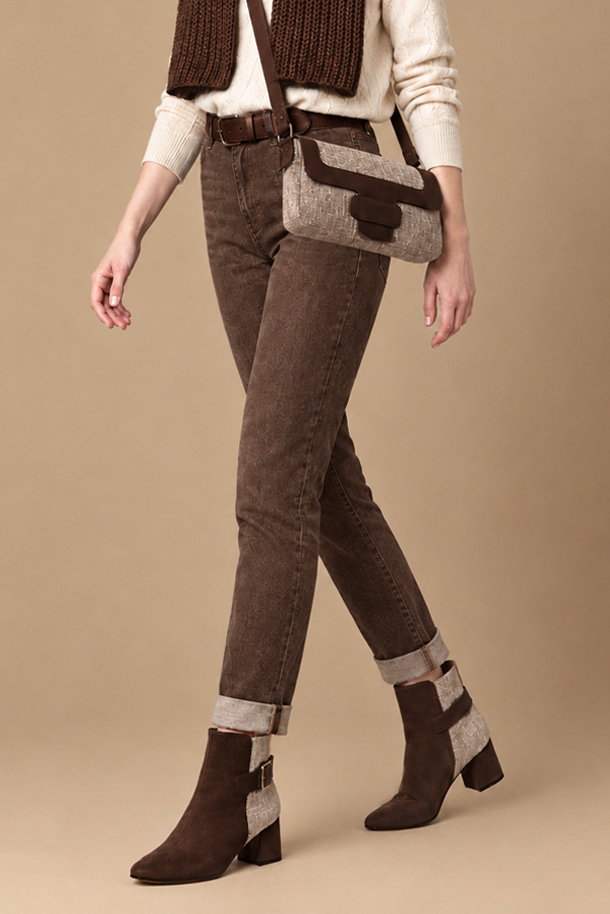 Dress ankle boots back buckles in dark brown and tan beige leather with medium block heels and square toe -Worn view